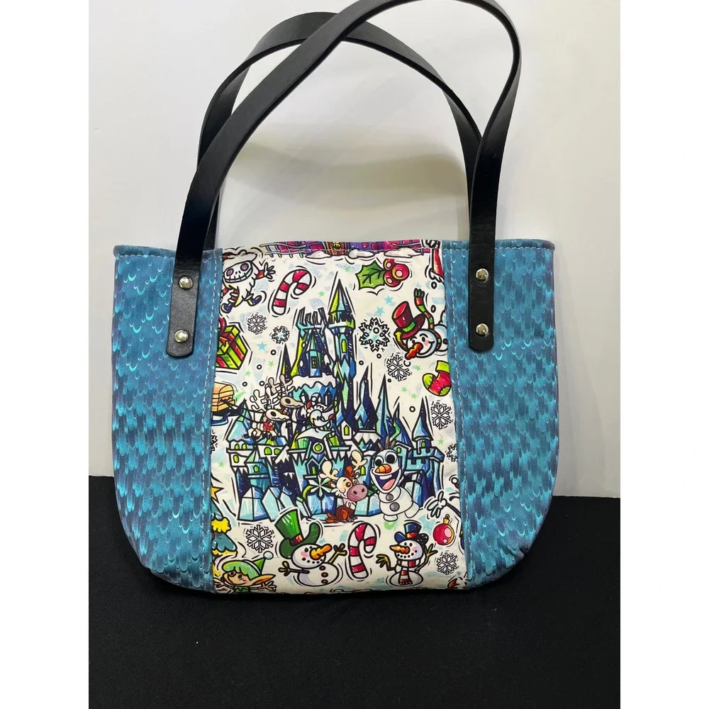 Handmade Christmas Castle Tote Bag Blue Scale Print Holiday Snowman Reindeer